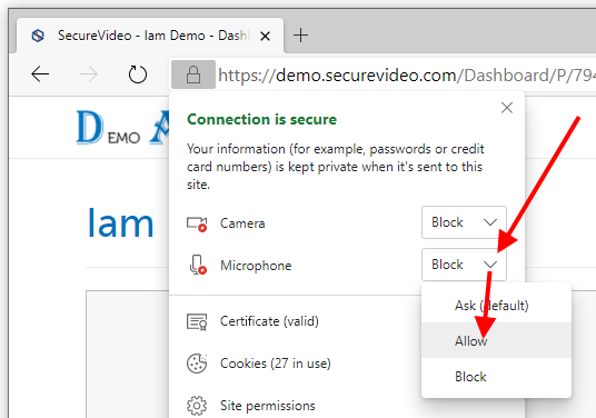 Arrow pointing to the dropdown menu for Microphone, and then another arrow pointing to "Allow"